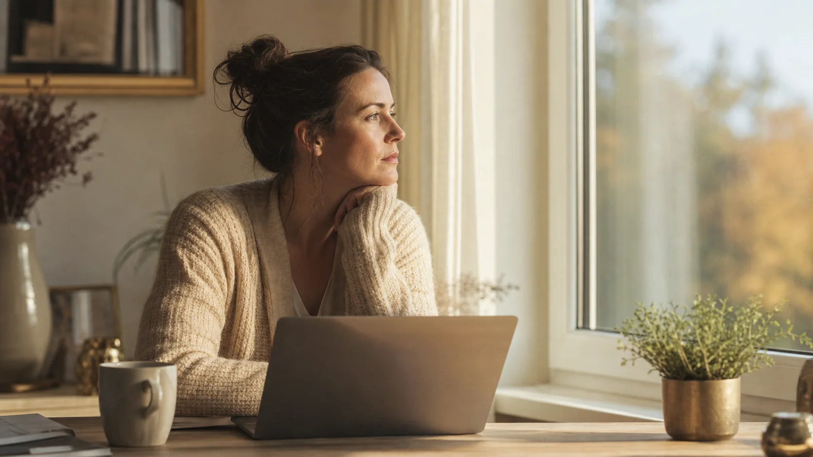 Woman at desk by window, morning light
